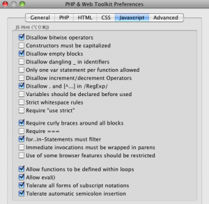 Configuration window for JSHint